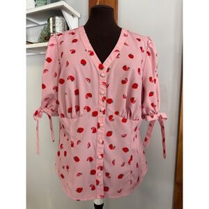 Belle Poque Pink Strawberry Tie Sleeve Blouse Women's XL coquette‎ babydoll
